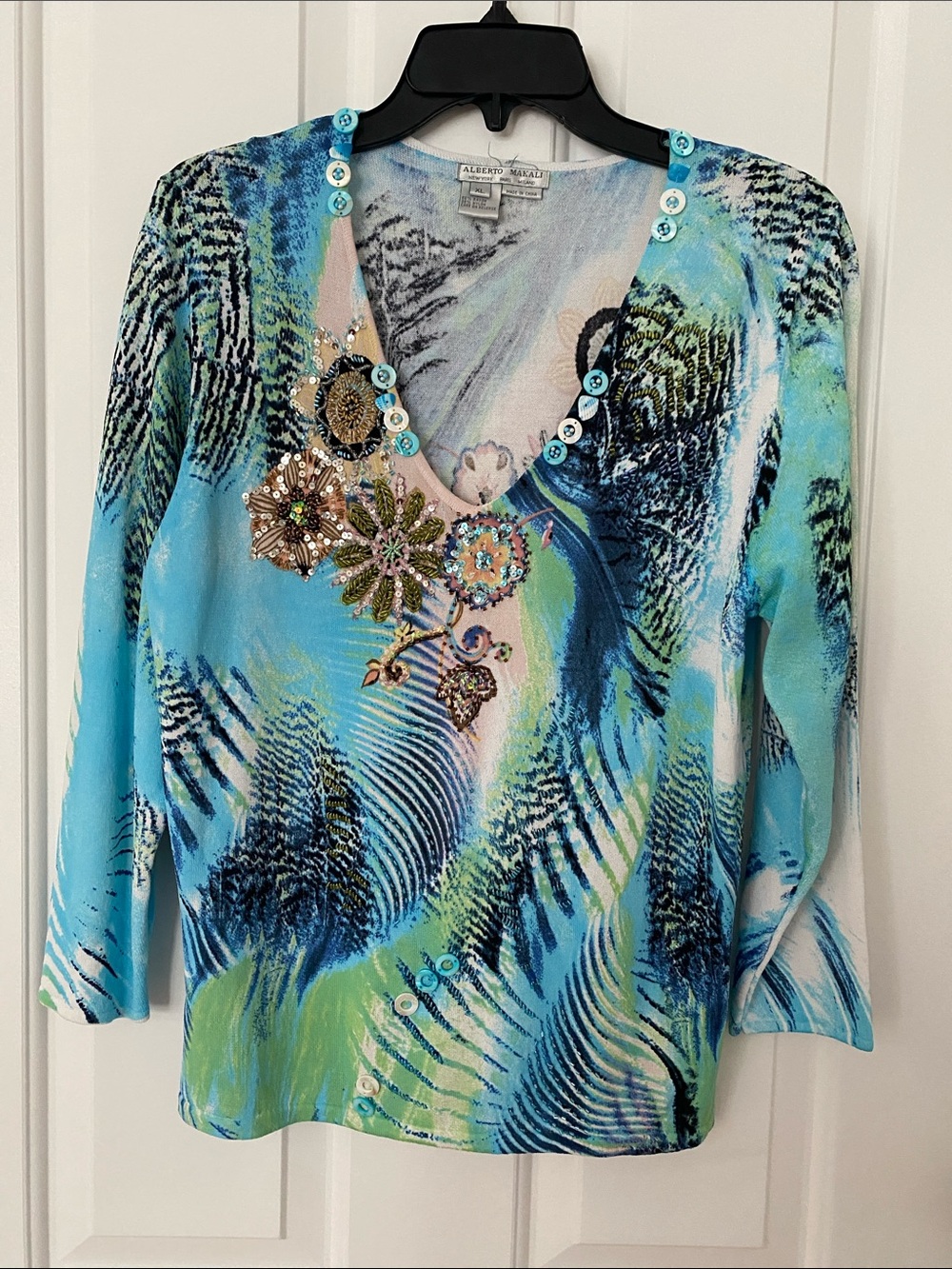 Alberto Makali Aqua Blue & Green Embellished V-Neck Top